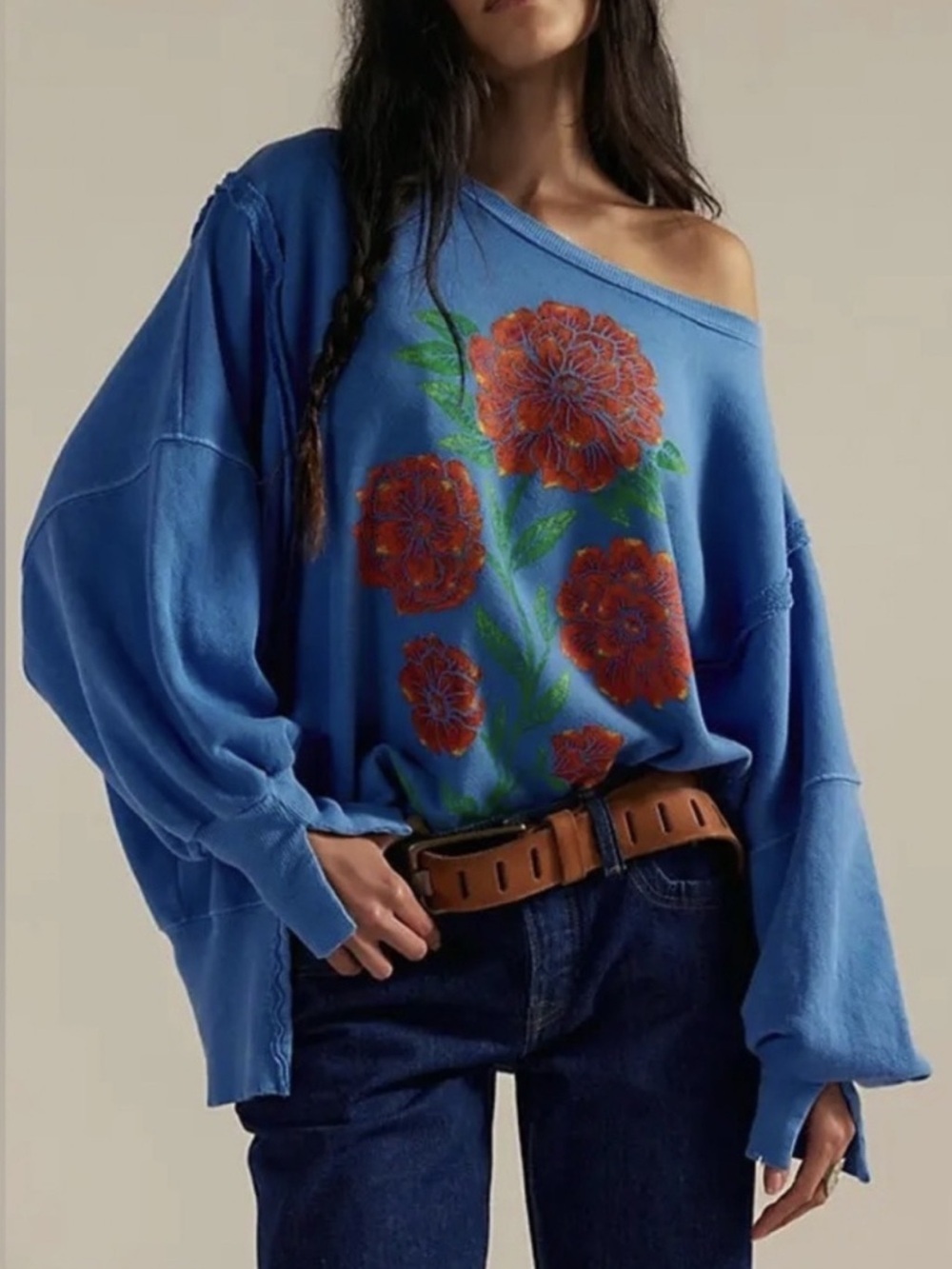 Free People We The Free Graphic Camden Pullover in Blue Floral Print NWT